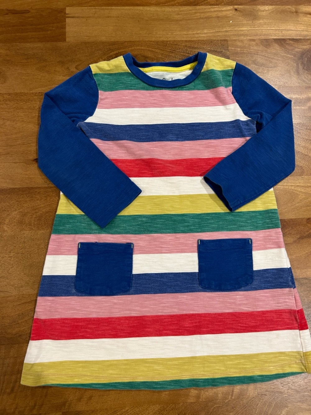Mini Boden Bold Striped Crewneck Dress with Blue Trim and Sleeves Kids Size 5-6Y